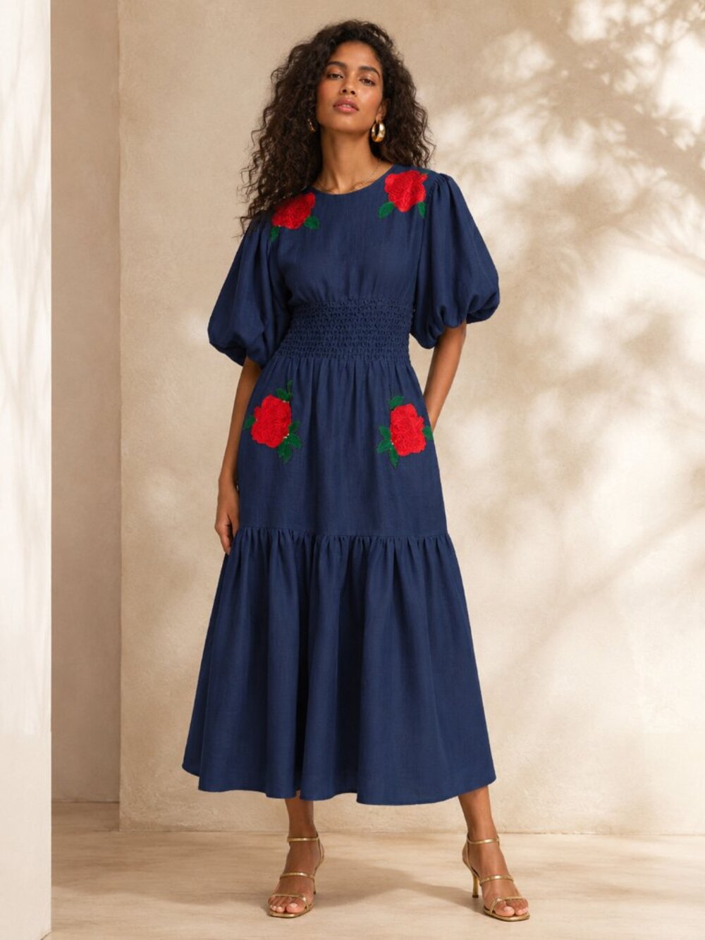 FANM MON Navy Floral Embroidered Sandras Midi Dress (Kajou Collection)